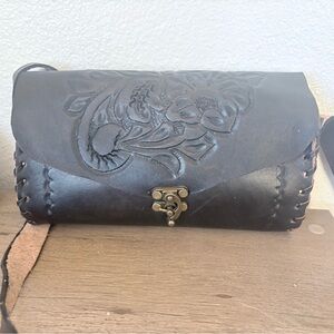Embossed Floral Dark Brown Leather Crossbody Bag